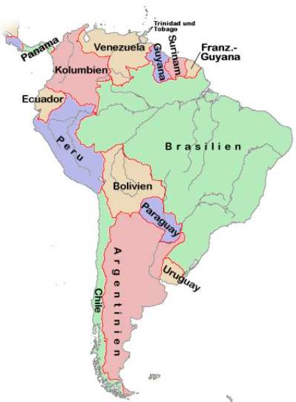 Südamerika Landkarte - nordwestlich liegt Ecuador